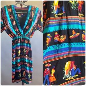 ✨ Vintage PHOEBE Petites Fiesta Print Dress – Southwestern Mexican Sombrero Scen